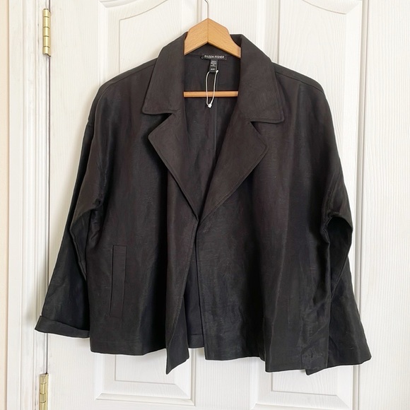 Eileen Fisher black tencel & organic blend slub open front jacket size XS/TP - Picture 2 of 7